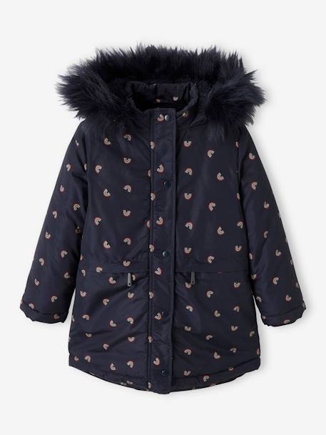 Parka with Hood & Sherpa Lining for Girls BLUE DARK ALL OVER PRINTED+BROWN MEDIUM ALL OVER PRINTED 