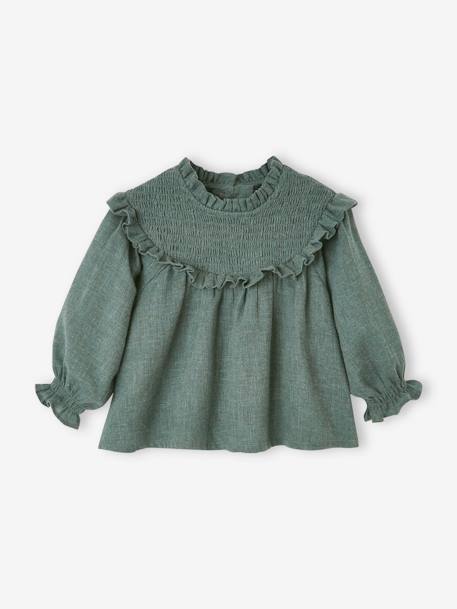 Smocked Blouse with Matching Headband GREEN DARK GREYED+lilac 