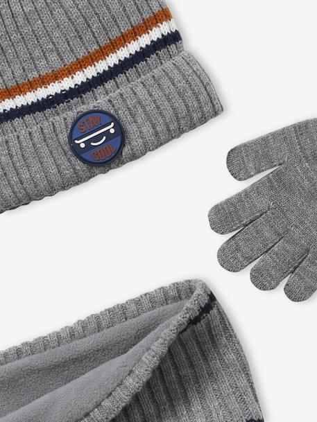 Beanie + Snood + Gloves Set in Rib Knit for Boys BLUE DARK TWO COLOR/MULTICOL+GREY MEDIUM TWO COLOR/MULTICOL 