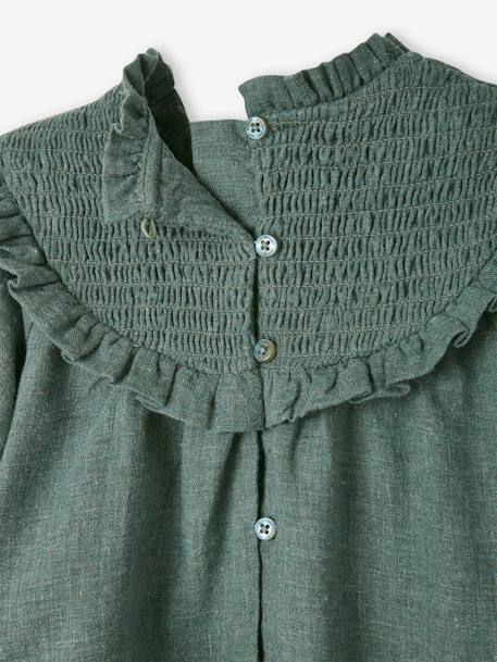 Smocked Blouse with Matching Headband GREEN DARK GREYED+lilac 