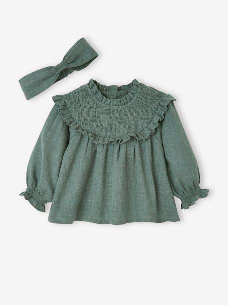 Smocked Blouse with Matching Headband GREEN DARK GREYED+lilac 