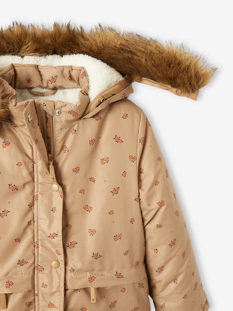 Parka with Hood & Sherpa Lining for Girls BLUE DARK ALL OVER PRINTED+BROWN MEDIUM ALL OVER PRINTED 