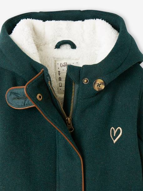 Woollen Coat with Hood & Sherpa Lining for Girls BEIGE MEDIUM SOLID WITH DECOR+GREEN DARK SOLID WITH DESIGN 