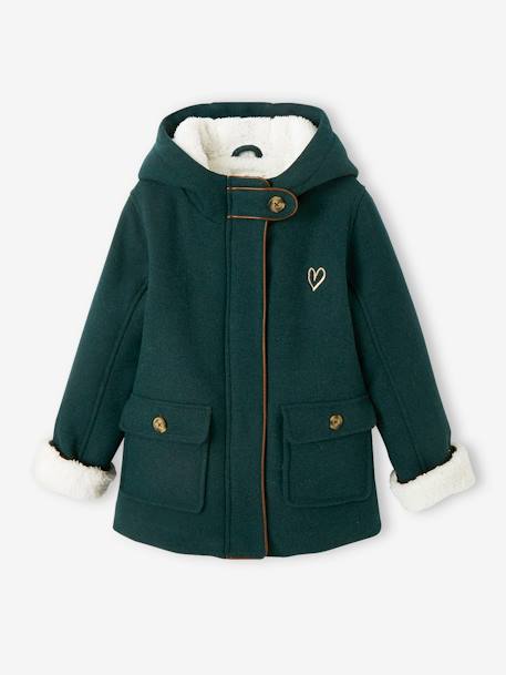 Woollen Coat with Hood & Sherpa Lining for Girls BEIGE MEDIUM SOLID WITH DECOR+GREEN DARK SOLID WITH DESIGN 