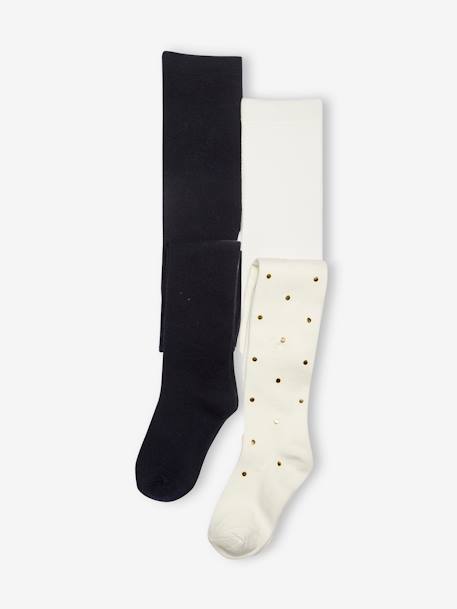 Pack of 2 Pairs of Tights in Fine Knit, Plain/Dots WHITE LIGHT TWO COLOR/MULTICOL 