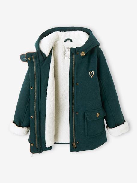 Woollen Coat with Hood & Sherpa Lining for Girls BEIGE MEDIUM SOLID WITH DECOR+GREEN DARK SOLID WITH DESIGN 