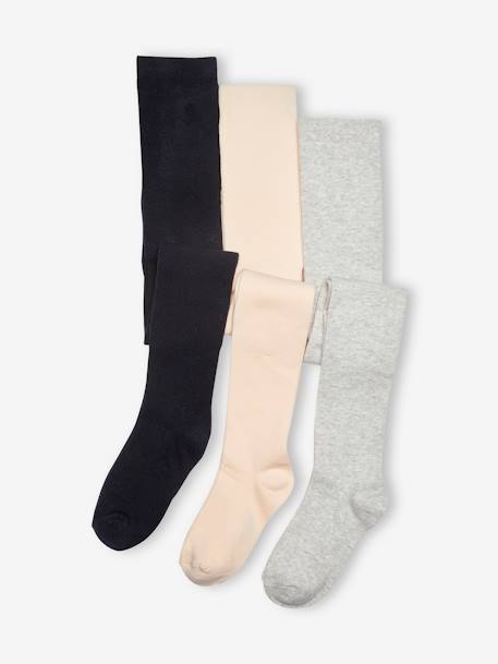 Pack of 3 Pairs of Tights for Girls BLUE DARK TWO COLOR/MULTICOL+dusky pink+Grey+mustard 