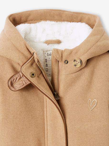 Woollen Coat with Hood & Sherpa Lining for Girls BEIGE MEDIUM SOLID WITH DECOR+GREEN DARK SOLID WITH DESIGN 