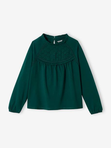 Top with Detail in Broderie Anglaise, for Girls ecru+GREEN DARK SOLID+old rose 