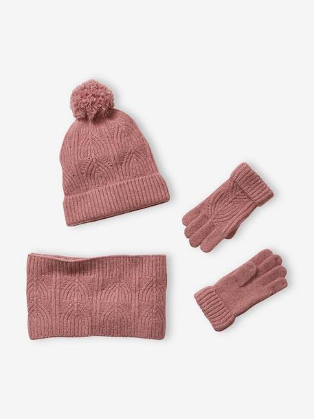 Beanie + Snood + Mittens Set in Shimmering Cable-Knit ecru+grey blue+PINK MEDIUM SOLID 