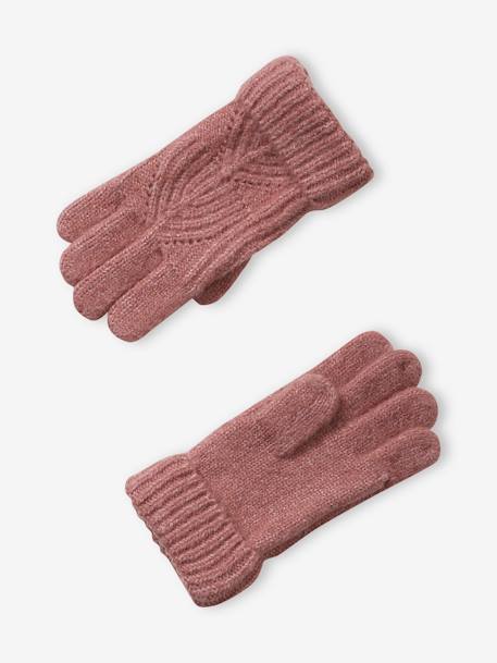Beanie + Snood + Mittens Set in Shimmering Cable-Knit grey blue+PINK MEDIUM SOLID 
