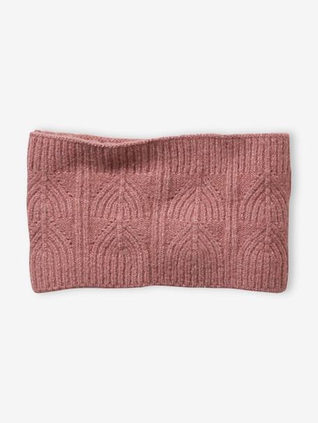 Beanie + Snood + Mittens Set in Shimmering Cable-Knit grey blue+PINK MEDIUM SOLID 