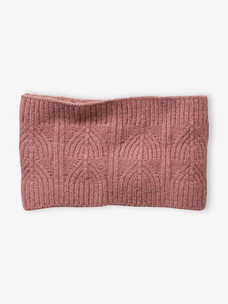 Beanie + Snood + Mittens Set in Shimmering Cable-Knit ecru+grey blue+PINK MEDIUM SOLID 