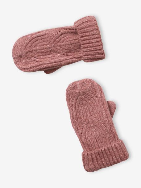 Beanie + Snood + Mittens Set in Shimmering Cable-Knit ecru+grey blue+PINK MEDIUM SOLID 