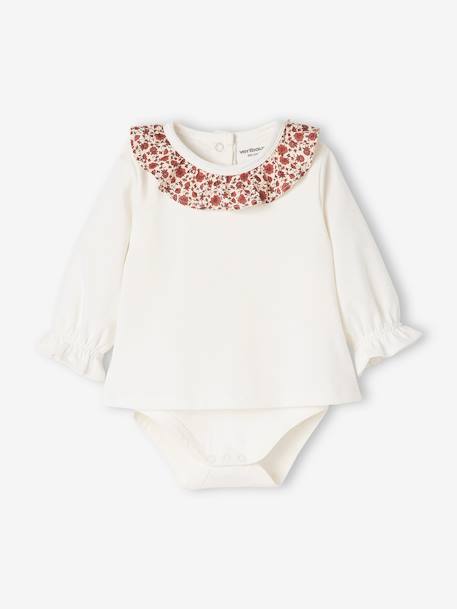 Long Sleeve Bodysuit Top with Ruffled Collar, for Babies rosy+WHITE LIGHT SOLID WITH DESIGN 