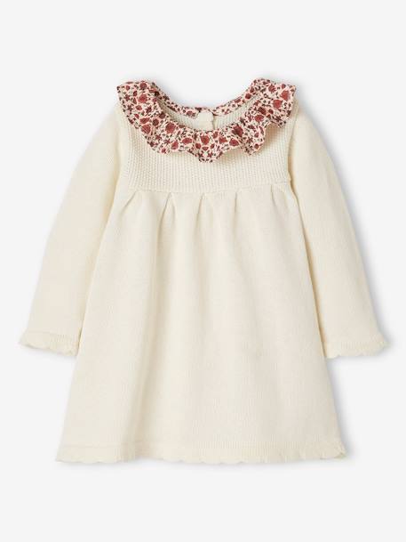 Knitted Dress with Collar in Floral Fabric for Babies rust+WHITE LIGHT SOLID WITH DESIGN 