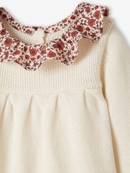 Knitted Dress with Collar in Floral Fabric for Babies rust+WHITE LIGHT SOLID WITH DESIGN 