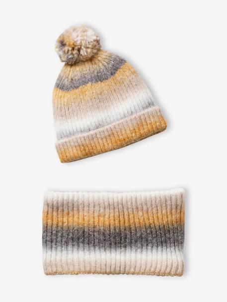 Beanie & Snood Set in Jacquard, for Girls BEIGE LIGHT ALL OVER PRINTED 