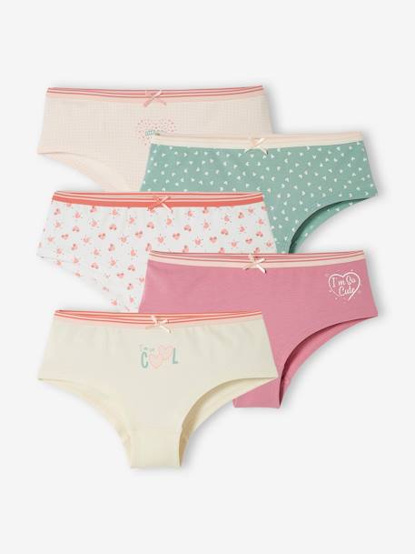 Pack of 5 Hearts Shorties for Girls PINK LIGHT ALL OVER PRINTED 