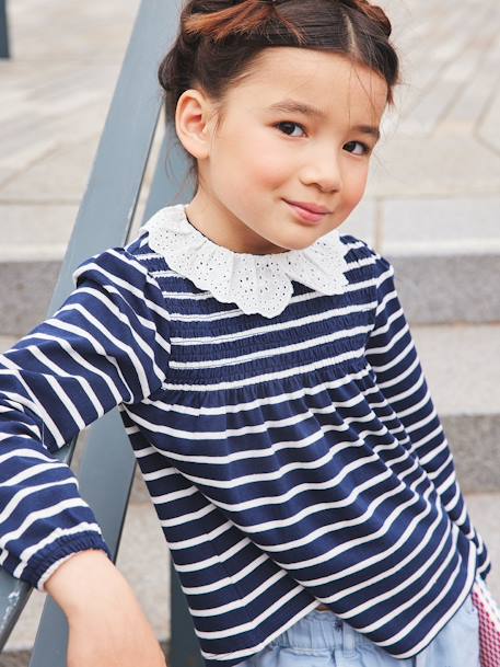 Blouse-like Top with Broderie Anglaise on the Collar, for Girls BLUE DARK STRIPED 