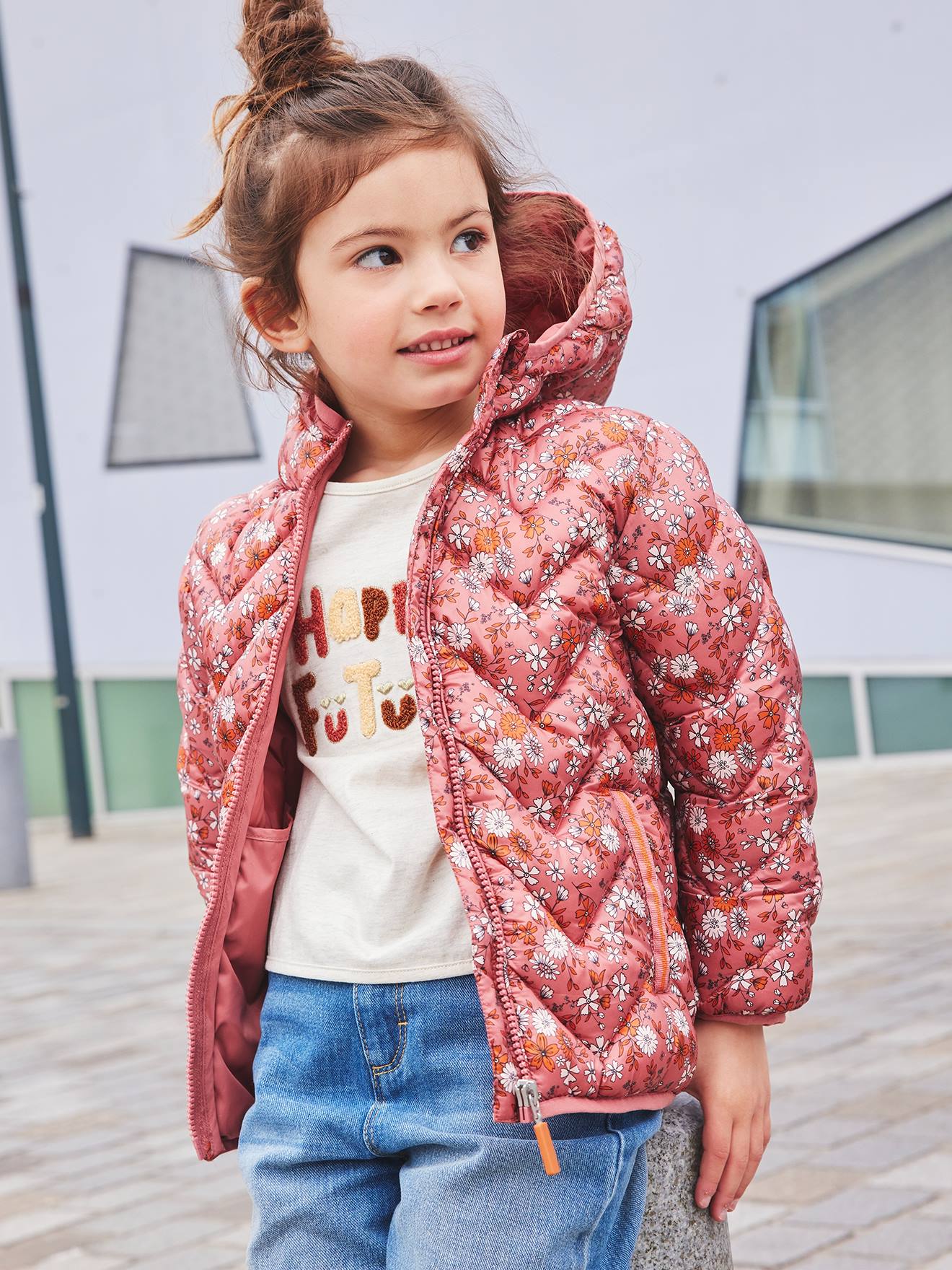 Lightweight Padded Jacket with Hood Printed Motifs for Girls pink medium all over printed