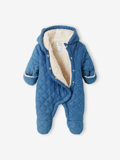 Pramsuit in Chambray Denim, Asymmetric Opening, for Babies BLUE MEDIUM WASCHED 