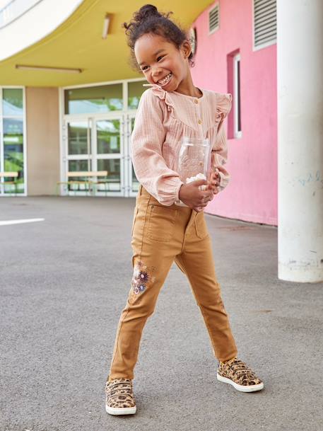 Slim Leg Trousers, Embroidered Flowers, High Waist, for Girls BROWN LIGHT SOLID WITH DESIGN 