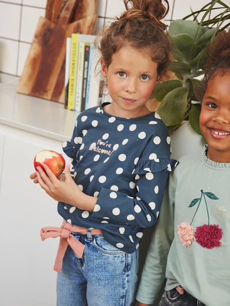 Top with Message, Ruffled Sleeves, for Girls BLUE MEDIUM ALL OVER PRINTED+hazel+WHITE LIGHT STRIPED 