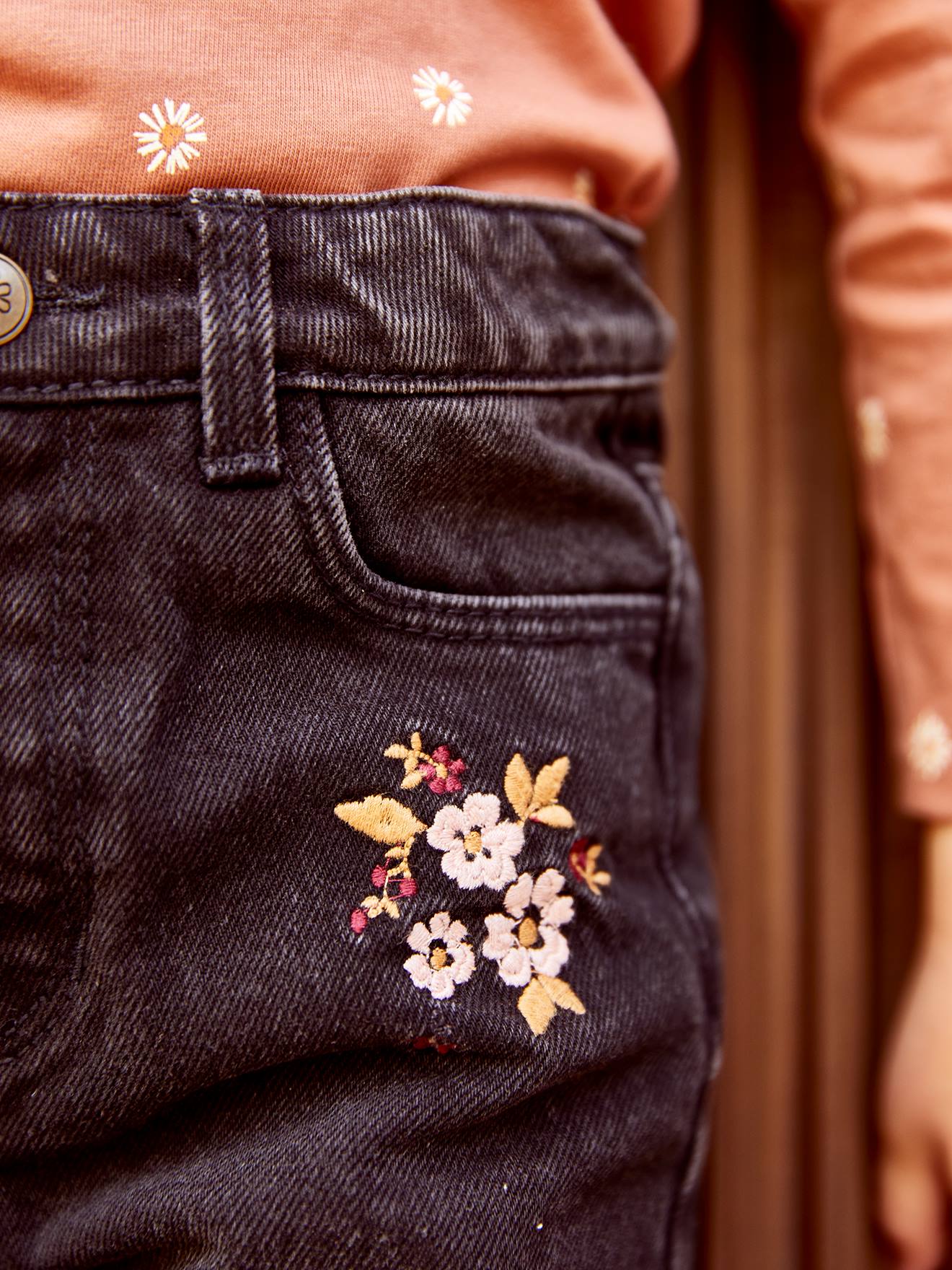 Black jeans with floral sales embroidery