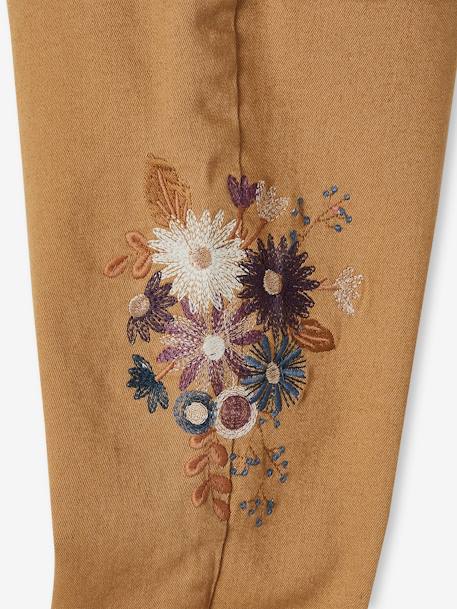 Slim Leg Trousers, Embroidered Flowers, High Waist, for Girls BROWN LIGHT SOLID WITH DESIGN 