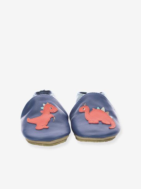 Pram Shoes in Soft Leather for Babies, Dino Time by ROBEEZ© BLUE DARK SOLID WITH DESIGN 