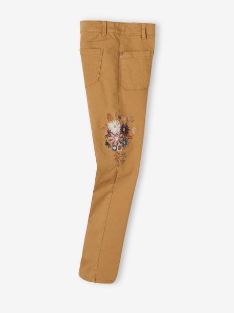 Slim Leg Trousers, Embroidered Flowers, High Waist, for Girls BROWN LIGHT SOLID WITH DESIGN 