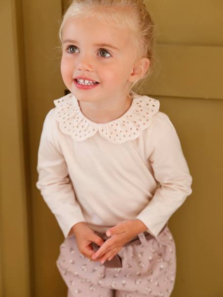 Long Sleeve Top with Embroidered Collar, for Babies BEIGE LIGHT SOLID+striped navy blue 