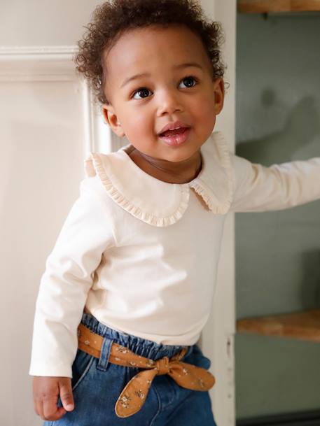 Long Sleeve Top with Peter Pan Collar, for Babies Beige+emerald green 