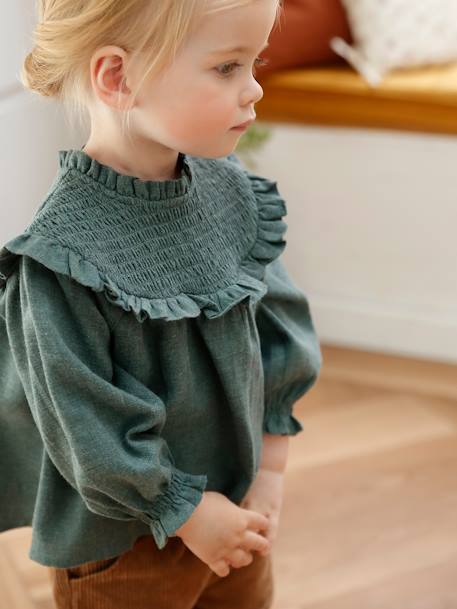 Smocked Blouse with Matching Headband GREEN DARK GREYED+lilac 