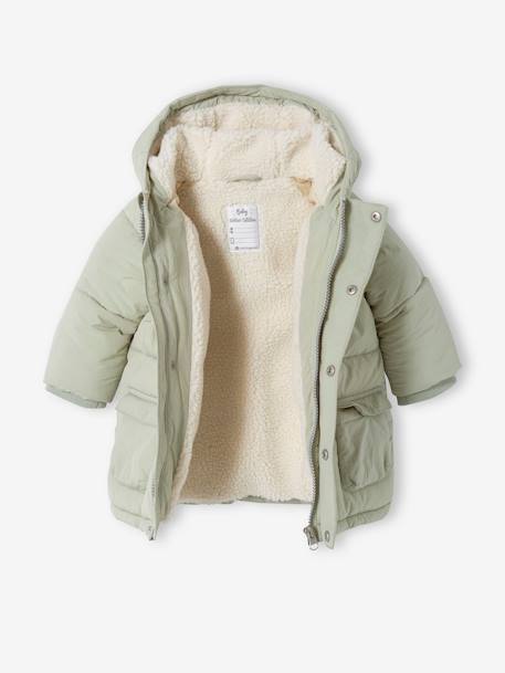 Long Hooded Jacket, Recycled Polyester Padding, for Babies GREEN LIGHT SOLID 