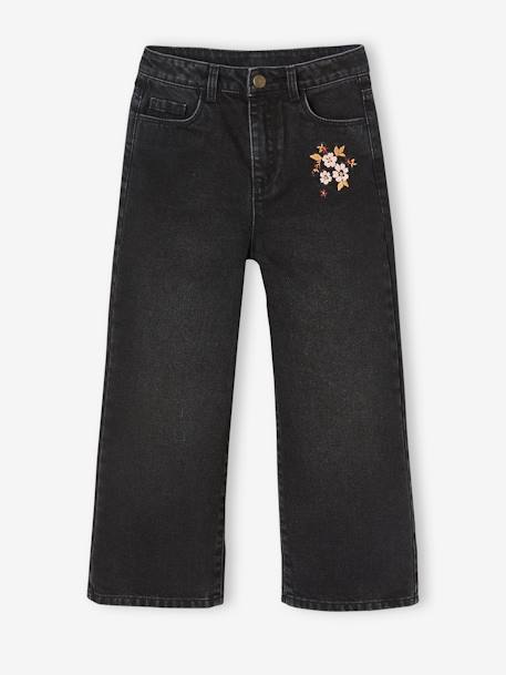 Wide-Leg Jeans with Embroidered Flowers, for Girls BLACK DARK SOLID WITH DESIGN 