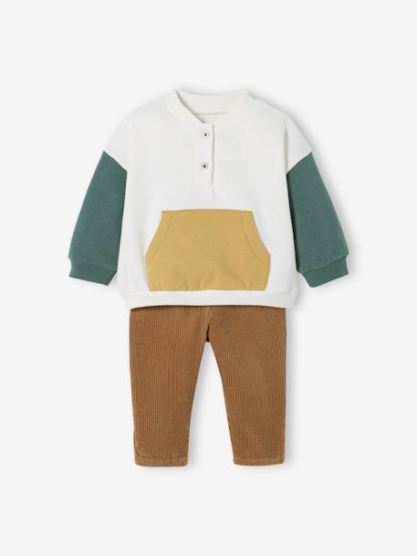 Fleece Sweatshirt + Corduroy Trousers Combo for Babies vanilla+WHITE LIGHT SOLID WITH DESIGN 