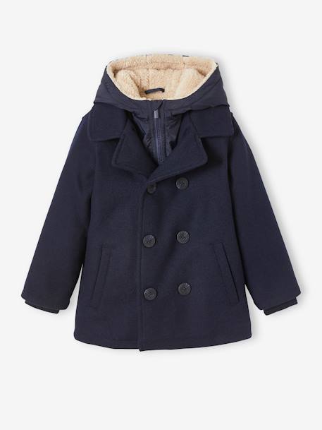 Peacoat with Hood & Sherpa Lining for Boys BLUE DARK SOLID WITH DESIGN 