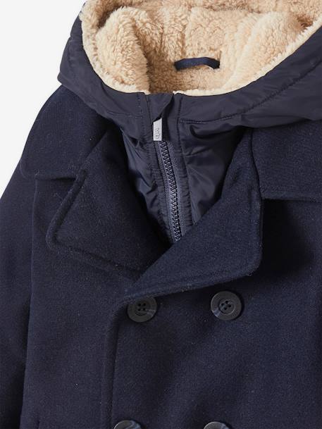 Peacoat with Hood & Sherpa Lining for Boys BLUE DARK SOLID WITH DESIGN 