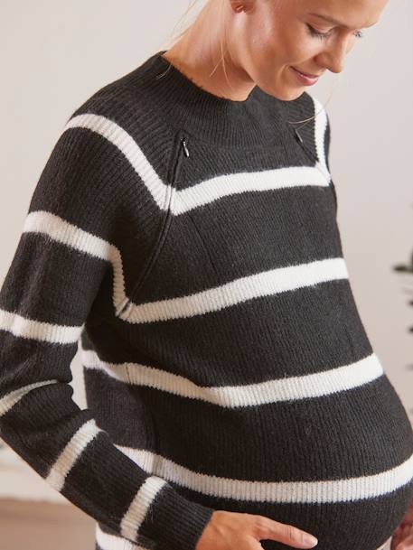 Jumper in Shimmery Knit, Maternity & Nursing Special BLACK DARK STRIPED+GREEN DARK SOLID 