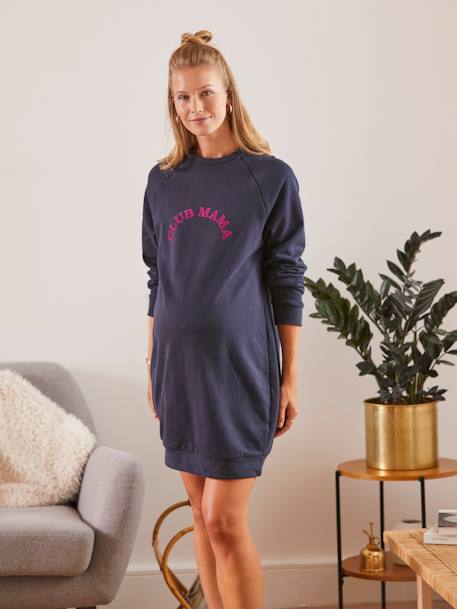 Short Sweater Dress with Message, Maternity & Nursing Special BLUE DARK SOLID WITH DESIGN 