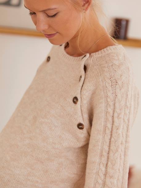 Jumper with Cable-Knit Sleeves, Maternity & Nursing BEIGE LIGHT SOLID 