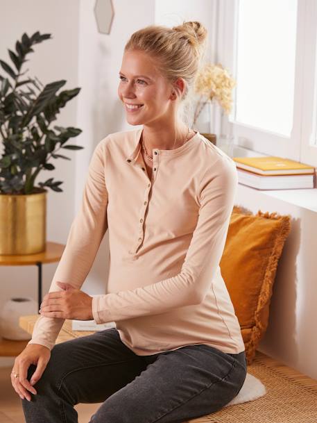 Grandad-Style Top, Maternity & Nursing Special BEIGE DARK SOLID+BLACK DARK SOLID 