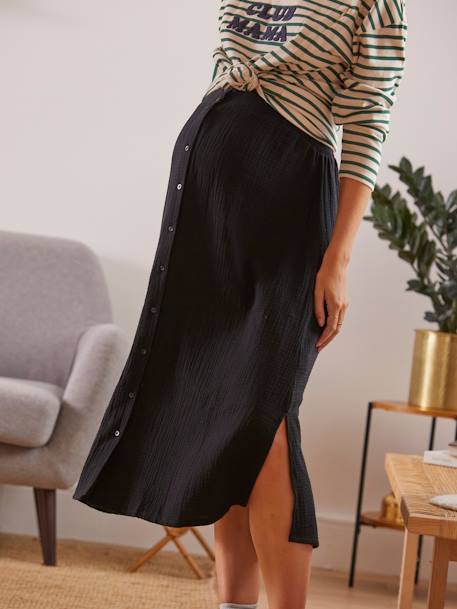 Long Skirt in Cotton Gauze for Maternity BLACK DARK SOLID 