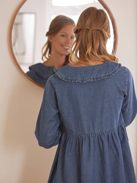 Denim Dress with Peter Pan Collar, Maternity & Nursing Special BLUE DARK STRIPED 