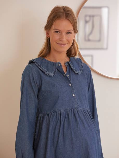 Denim Dress with Peter Pan Collar, Maternity & Nursing Special BLUE DARK STRIPED 