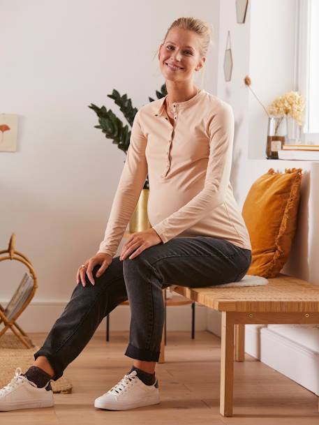 Grandad-Style Top, Maternity & Nursing Special BEIGE DARK SOLID+BLACK DARK SOLID 