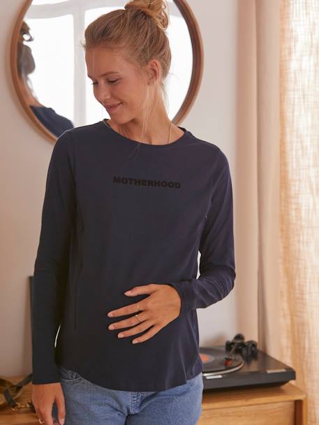 Top with Message in Organic Cotton, Maternity & Nursing BLUE DARK SOLID WITH DESIGN 