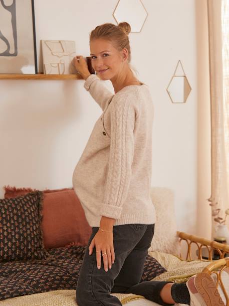 Jumper with Cable-Knit Sleeves, Maternity & Nursing BEIGE LIGHT SOLID 